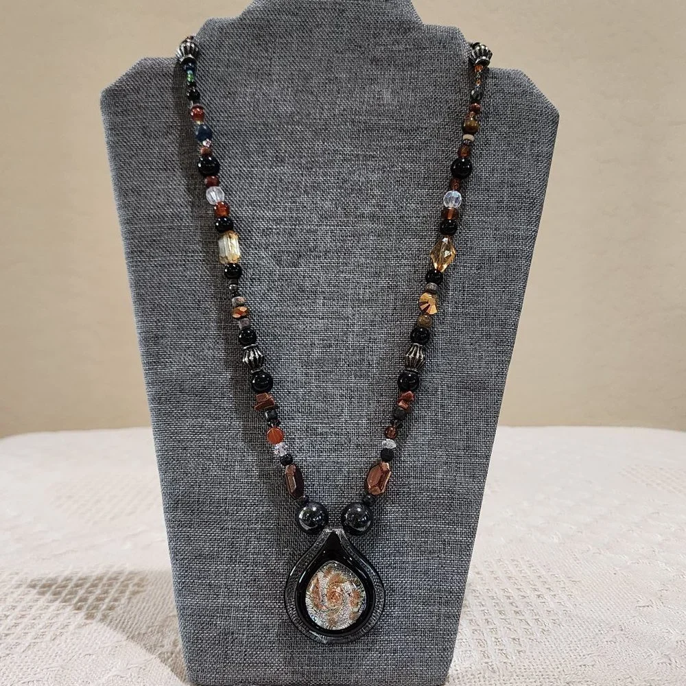 Artisan BOHO Earth Tone Large Blown Glass Swirl Pendant Beaded Long Necklace